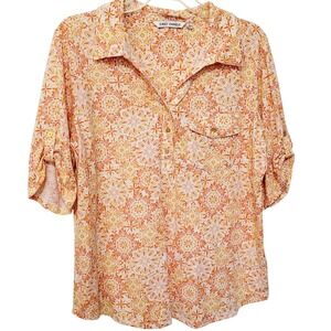 Emily Daniels Orange Yellow Floral Print Button Up Roll Tab Sleeve Shirt XL